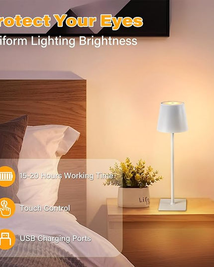 2 Pack Cordless Table Lamps, 3 Colors Stepless Dimming, 5000mAh Rechargeable Battery LED Desk Lamp for Bedroom/Couple Dinner/Desk/Cafe/Dining Room/Terrace - LeafyLoom