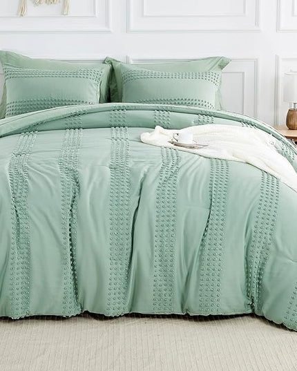 ENJOHOS Sage Green Queen Comforter Set - Boho Bedding Sets Queen Size, 3 PCS Tufted Comforter with Pom Pom Design for All Season, Lightweight Soft Microfiber Cooling Comforter with 2 Pillow Cases - LeafyLoom