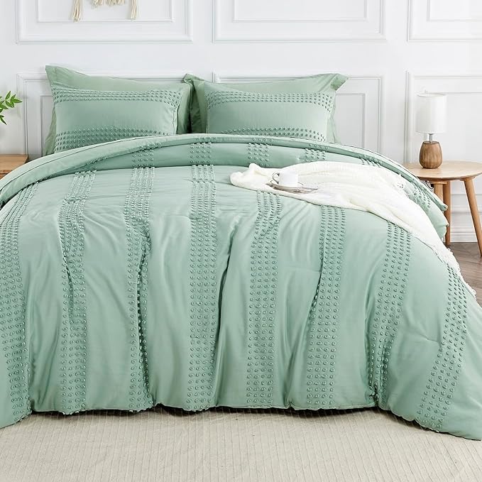 ENJOHOS Sage Green Queen Comforter Set - Boho Bedding Sets Queen Size, 3 PCS Tufted Comforter with Pom Pom Design for All Season, Lightweight Soft Microfiber Cooling Comforter with 2 Pillow Cases - LeafyLoom