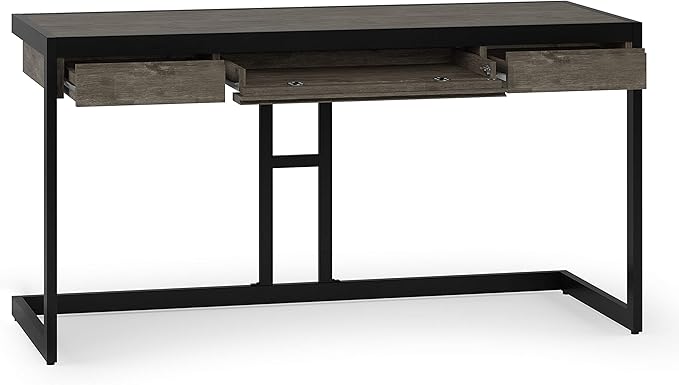 SIMPLIHOME Erina SOLID WOOD and Metal Modern Industrial 60 inch Wide Home Office Desk, Writing Table, Workstation, Study Table Furniture in Farmhouse Grey with 2 Drawers - LeafyLoom