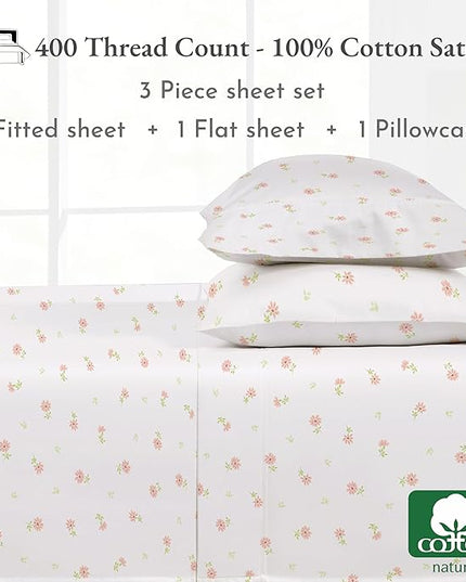 California Design Den Twin Floral Sheet Set, 400 Thread Count 100% Cotton Sateen 3 Pc Twin Size Sheets Set, Deep Pocket Sheets & Pillowcase Set - Soft Floral - LeafyLoom