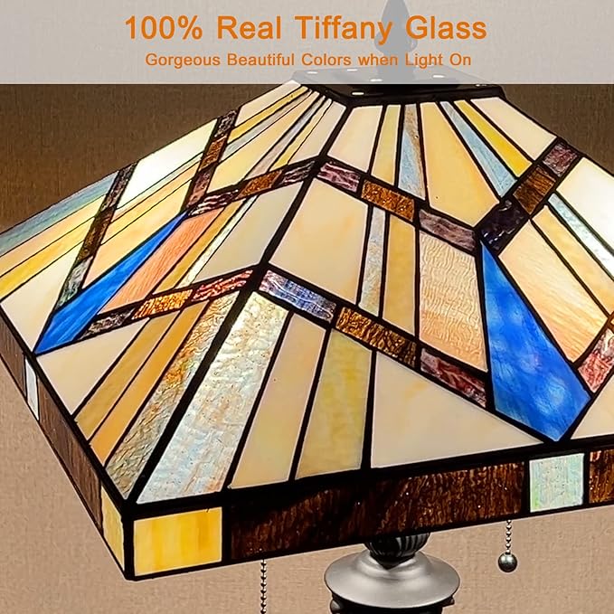 Capulina Tiffany Style Floor Lamp 2-Light 16x16x63 Inch Cream Amber Antique Mission Style Stained Glass Standing Light for Living Room Bedroom Home Office - LeafyLoom