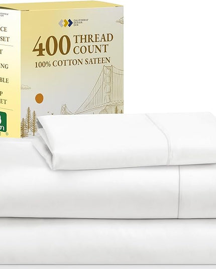 California Design Den Soft 100% Cotton Sheets, Twin Sheets Set, 3 Pc, 400 Thread Count Sateen, Bedding for Dorm Rooms & Adults, Deep Pocket Sheets, Cooling Sheets, Twin Bed Sheets (Antique White) - LeafyLoom