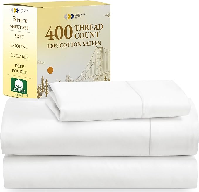 California Design Den Soft 100% Cotton Sheets, Twin Sheets Set, 3 Pc, 400 Thread Count Sateen, Bedding for Dorm Rooms & Adults, Deep Pocket Sheets, Cooling Sheets, Twin Bed Sheets (Antique White) - LeafyLoom