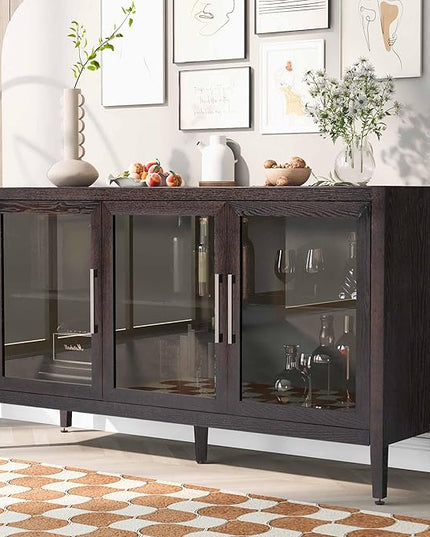 Merax Wood Sideboard, Buffet Cabinet with Storage & 3 Tempered Glass Doors, Built-in Adjustable Shelf, for Living, Dining Room and Kitchen, Brown - LeafyLoom