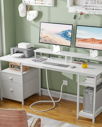 Furologee 61" Desk with LED Light & Power Outlets, Reversible Computer Desk with File Cabinet & Drawer, White Gaming Desk Writing Table with Dual Monitor Stand, for Home/Office/White - LeafyLoom