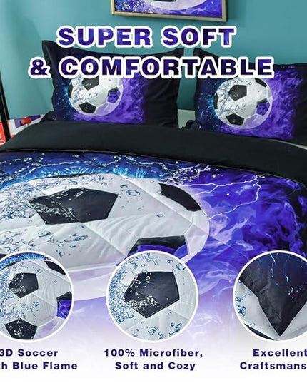 Andency 3D Soccer Comforter Queen(90x90 Inch), 3 Pieces(1 Soccer Comforter, 2 Pillowcases) Blue Flame Soccer Comforter Sport Microfiber Bedding Set for Boy Girl Kids Teens - LeafyLoom