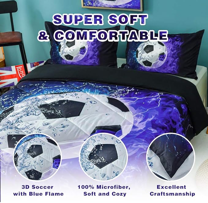 Andency Soccer Comforter Twin(66x90 Inch), 2 Pieces(1 Soccer Comforter, 1 Pillowcase) Blue Flame Soccer Comforter Set Sport Microfiber Bedding Set for Boy Girl Kids, Teen - LeafyLoom