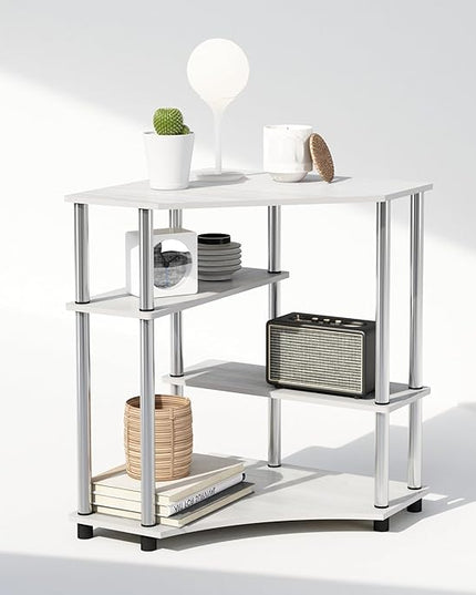 Furinno Turn-N-Tube Multipurpose Corner Shelf, Display Rack, Bookshelf, White Oak, Stainless Steel Tubes - LeafyLoom