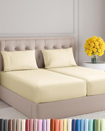 Split King Size 5 Piece Sheet Set - Comfy Breathable & Cooling Sheets - Hotel Luxury Bed Sheets for Women & Men - Deep Pockets, Easy-Fit, Soft & Wrinkle Free Sheets - Off White Oeko-Tex Bed Sheet Set - LeafyLoom