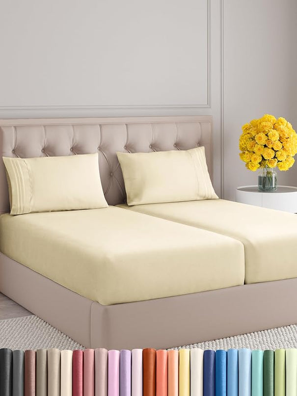 Split King Size 5 Piece Sheet Set - Comfy Breathable & Cooling Sheets - Hotel Luxury Bed Sheets for Women & Men - Deep Pockets, Easy-Fit, Soft & Wrinkle Free Sheets - Off White Oeko-Tex Bed Sheet Set - LeafyLoom