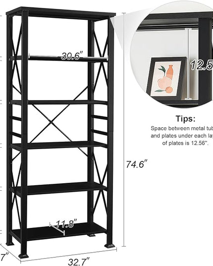 HOMBAZAAR Bookshelf, 6-Tier Industrial Bookshelf, Etagere Bookcases and Bookshelves, Tall Bookshelf Storage Organizer, Freestanding Bookshelf for Living Room, Bedroom and Home Office，Black - LeafyLoom