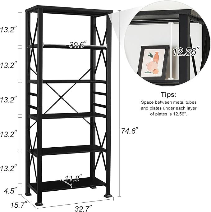 HOMBAZAAR Bookshelf, 6-Tier Industrial Bookshelf, Etagere Bookcases and Bookshelves, Tall Bookshelf Storage Organizer, Freestanding Bookshelf for Living Room, Bedroom and Home Office，Black - LeafyLoom