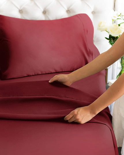 Cal King Size 4 Piece Sheet Set - Comfy Breathable & Cooling Sheets - Hotel Luxury Bed Sheets for Women & Men - Deep Pockets, Easy-Fit, Soft & Wrinkle Free Sheets - Burgundy Oeko-Tex Bed Sheet Set - LeafyLoom
