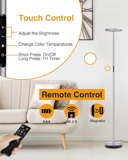 OUTON Floor Lamp, 30W 2400LM LED Modern Torchiere Sky Lamp, Super Bright Dimmable Standing Tall Lamp with 4 Color Temperature, Remote Touch Control, 1-H Timer for Living Room Bedroom Office,Space Grey - LeafyLoom