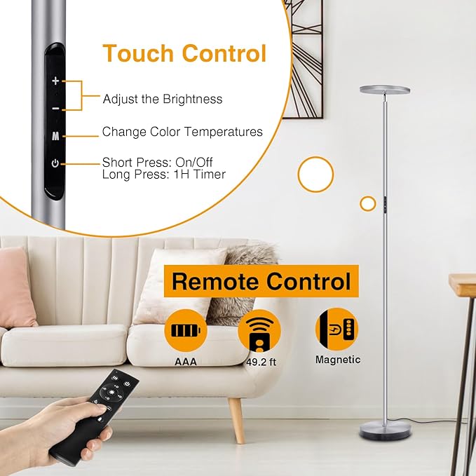 OUTON Floor Lamp, 30W 2400LM LED Modern Torchiere Sky Lamp, Super Bright Dimmable Standing Tall Lamp with 4 Color Temperature, Remote Touch Control, 1-H Timer for Living Room Bedroom Office,Space Grey - LeafyLoom
