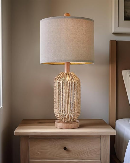 OYEARS 21" Boho Table Lamp for Living Room, Bedside Lamp for Nightstands, Rattan Lamp for Bedroom, Farmhouse Table Lamp for Room Decor, End Table, Retro, Brown, 1 Pack - LeafyLoom
