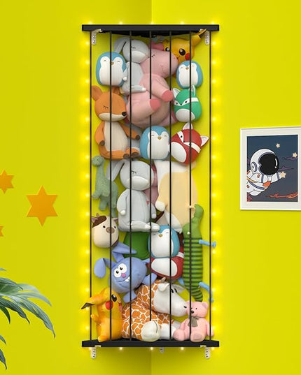 Stuffed Animal Storage Toy Organizer: Corner Stuff Animals Holder for Wall with LED Light - Kids Plush Toys Storage with Adjustable Length for Nursery Playroom Bedroom Kids Room(Black) - LeafyLoom