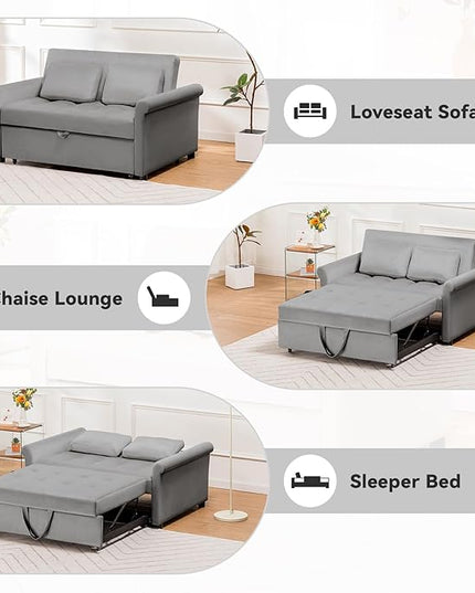 COMHOMA 55" Sleeper Sofa Bed, 3-in-1 Pull Out Couch with Adjustable Backrest and Pillows, Convertible Sleeper Couch for Living Room and Office (Grey) - LeafyLoom