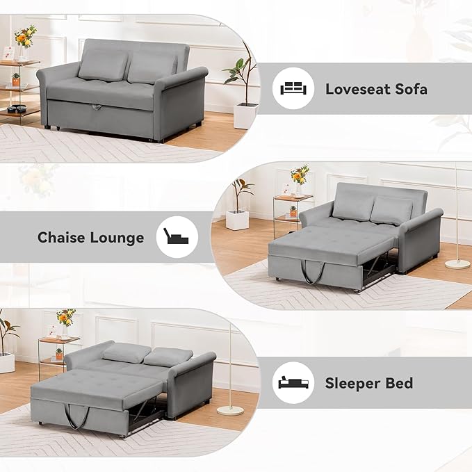 COMHOMA 55" Sleeper Sofa Bed, 3-in-1 Pull Out Couch with Adjustable Backrest and Pillows, Convertible Sleeper Couch for Living Room and Office (Grey) - LeafyLoom