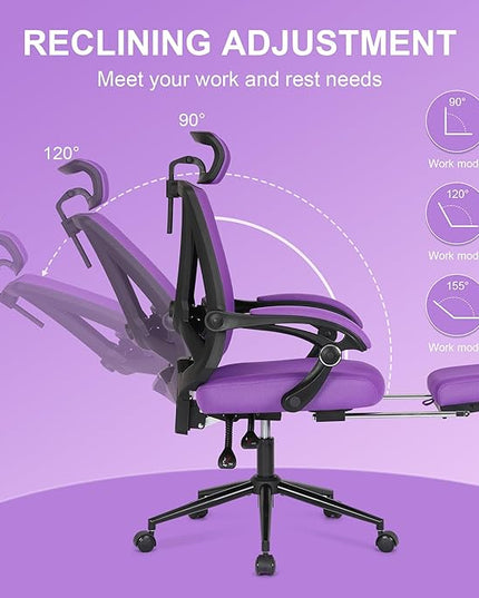 Misolant Ergonomic Office Chair with Footrest, Ergonomic Desk Chair with Adjustable 2D Lumbar Support, High Back Office Chair with Adjustable Headrest, Comfortable Office Chair Purple - LeafyLoom