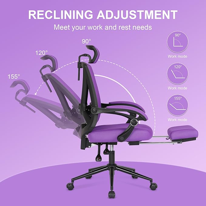 Misolant Ergonomic Office Chair with Footrest, Ergonomic Desk Chair with Adjustable 2D Lumbar Support, High Back Office Chair with Adjustable Headrest, Comfortable Office Chair Purple - LeafyLoom