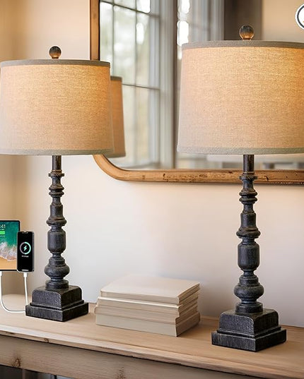Oneach 27.75” Vintage Farmhouse USB A+C Table Lamps Set of 2 for Living Room Bedroom Traditional Bedside Nightstand Lamp Retro Resin Lamps Linen Shade Nightstand Home Office Antique Black Accent - LeafyLoom