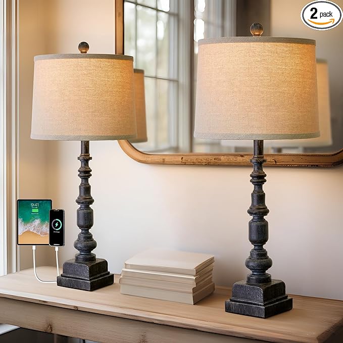 Oneach 27.75” Vintage Farmhouse USB A+C Table Lamps Set of 2 for Living Room Bedroom Traditional Bedside Nightstand Lamp Retro Resin Lamps Linen Shade Nightstand Home Office Antique Black Accent - LeafyLoom