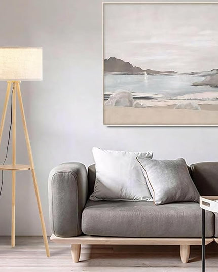 Wood Tripod Floor Lamp with Shelves,Linen Shade Modern Mid Century Wooden Standing Floor lamp for Living Room,with Three Color temparature Bulb Included,ETL Listed/Natural Wood Color - LeafyLoom