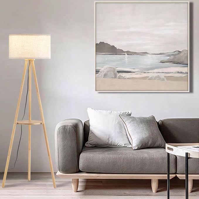 Wood Tripod Floor Lamp with Shelves,Linen Shade Modern Mid Century Wooden Standing Floor lamp for Living Room,with Three Color temparature Bulb Included,ETL Listed/Natural Wood Color - LeafyLoom