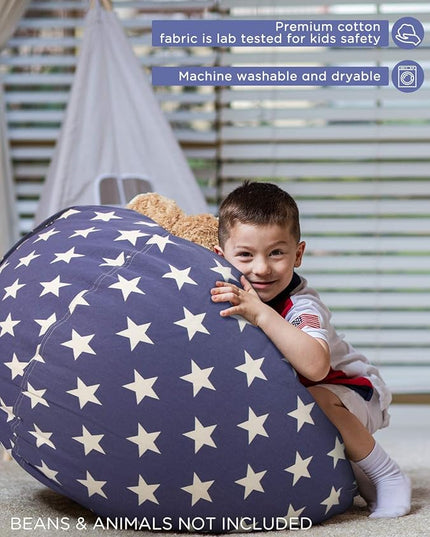 Aubliss Stuffed Animal Storage Bean Bag Chair Cover (No Beans)，Stuff and Sit Storage Bean Bag for Kids Toy Storage, Medium 32"-Canvas Stars Royal Blue - LeafyLoom