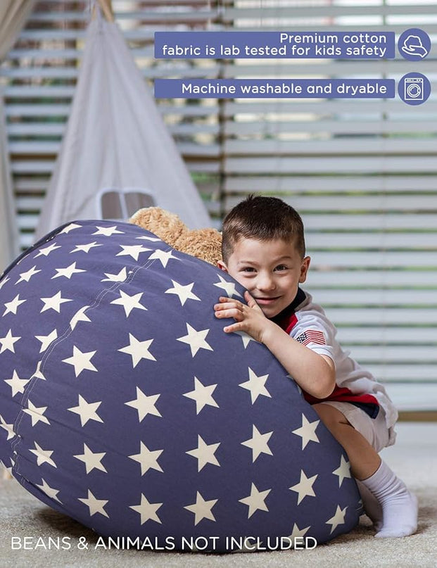 Aubliss Stuffed Animal Storage Bean Bag Chair Cover (No Beans)，Stuff and Sit Storage Bean Bag for Kids Toy Storage, Medium 32"-Canvas Stars Royal Blue - LeafyLoom