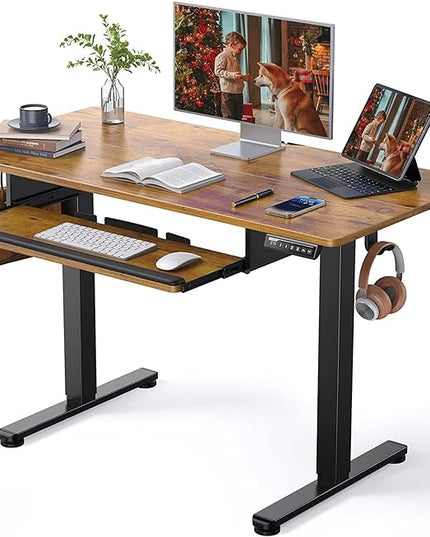 ErGear Electric Standing Desk with Full Size Keyboard Tray, Adjustable Height Sit Stand Up Desk, Home Office Desk Computer Workstation, 48x24 Inches, Vintage Brown - LeafyLoom