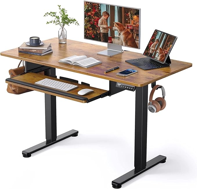 ErGear Electric Standing Desk with Full Size Keyboard Tray, Adjustable Height Sit Stand Up Desk, Home Office Desk Computer Workstation, 48x24 Inches, Vintage Brown - LeafyLoom