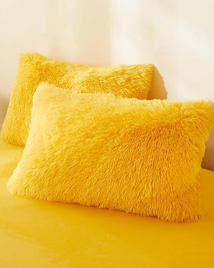 FOPPA Yellow Plush Fluffy Comforter Cover Set Queen - Ultra Soft Faux Fur Yellow Bedding Sets 3 Pieces (1 Shaggy Duvet Cover + 2 Pillow case) Fuzzy Bed Set (Yellow, Queen) - LeafyLoom