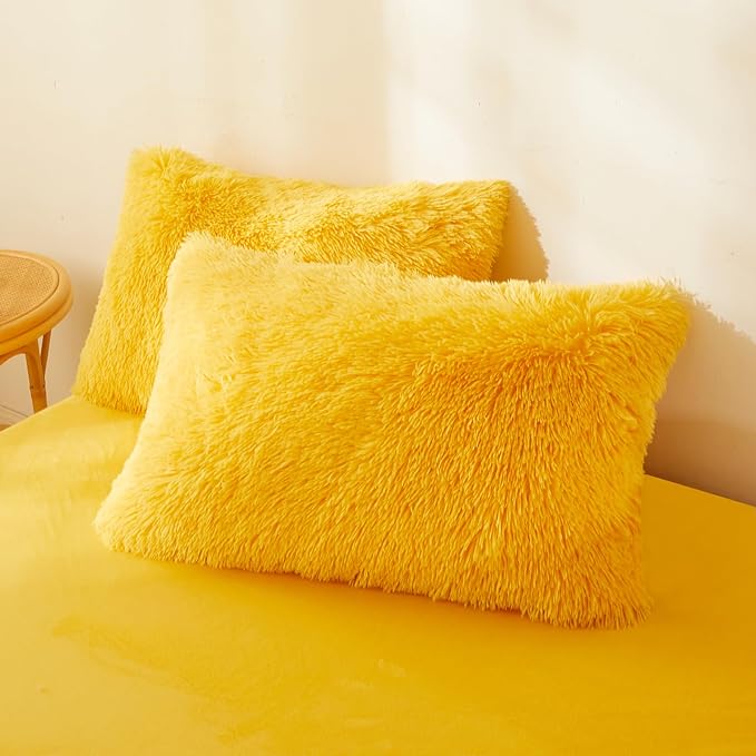FOPPA Yellow Plush Fluffy Comforter Cover Set Queen - Ultra Soft Faux Fur Yellow Bedding Sets 3 Pieces (1 Shaggy Duvet Cover + 2 Pillow case) Fuzzy Bed Set (Yellow, Queen) - LeafyLoom