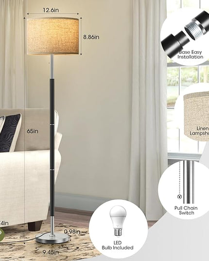 Bright Floor Lamps with 3 Color Temperatures(3000K/4000K/6000K) Standing Lamps with Beige Linen Lampshade Pole Lamp with Pull Chain Switch for Bedroom Office, 9W Bulb Included, Black and Silver - LeafyLoom