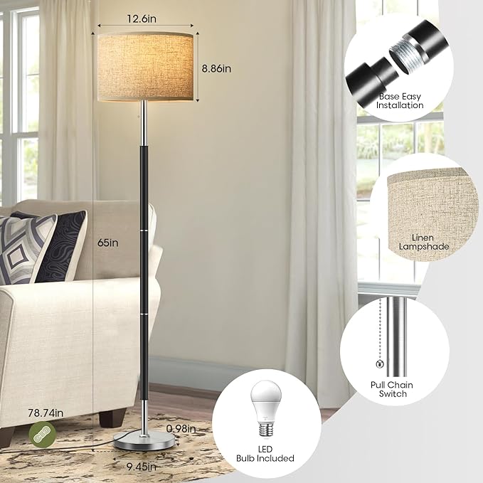 Bright Floor Lamps with 3 Color Temperatures(3000K/4000K/6000K) Standing Lamps with Beige Linen Lampshade Pole Lamp with Pull Chain Switch for Bedroom Office, 9W Bulb Included, Black and Silver - LeafyLoom