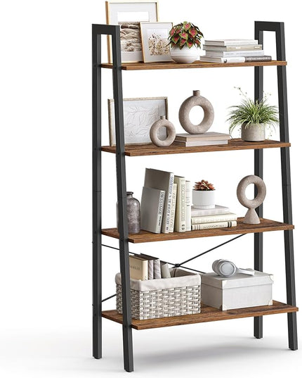 VASAGLE Ladder Shelf, 4-Tier Bookshelf, Storage Rack, Bookcase with Steel Frame, for Living Room, Home Office, Kitchen, Bedroom, Industrial Style, Rustic Brown and Black ULLS144B01 - LeafyLoom