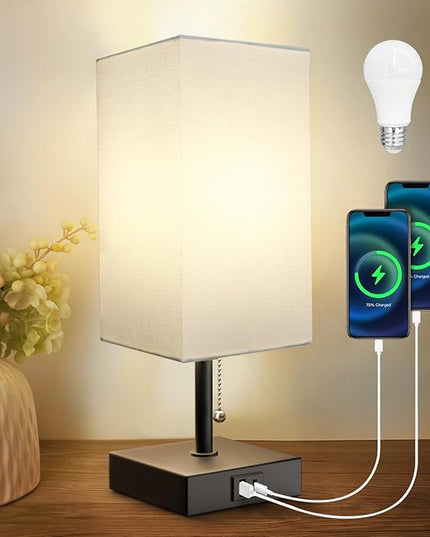 Bedside Table Lamp, Pull Chain for Bedroom with USB-C USB-A Charging Ports, 2700K LED Bulb with Fabric Lampshade, Nightstand Lamp for Living Room Bedroom Office Study Room (White) - LeafyLoom
