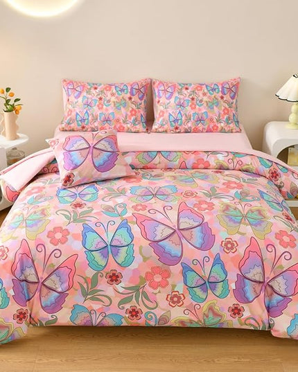 Butterfly Bedding Set Twin, Pink Butterfly Comforter Set for Girls Kids Teens 6 pcs Bed in a Bag Twin Bedding Sets for Girls - LeafyLoom