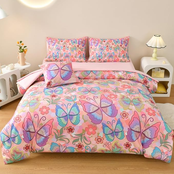 Butterfly Bedding Set Twin, Pink Butterfly Comforter Set for Girls Kids Teens 6 pcs Bed in a Bag Twin Bedding Sets for Girls - LeafyLoom