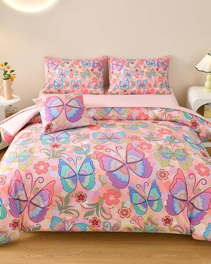 Butterfly Bedding Set Full, Pink Butterfly Comforter Set for Girls Kids Teens 6 pcs Bed in a Bag Full Bedding Sets for Girls - LeafyLoom