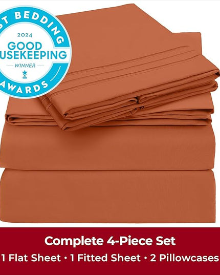 Mellanni Full Sheets Set - 4 PC Iconic Collection Bedding Sheets & Pillowcases - Hotel Luxury, Extra Soft, Cooling Bed Sheets - Deep Pocket up to 16 inch (Full, Terracotta) - LeafyLoom