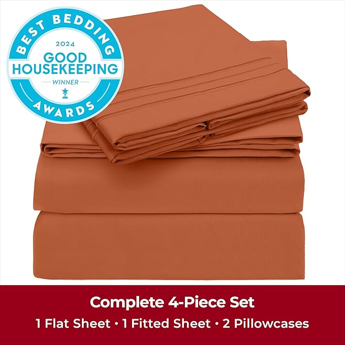 Mellanni California King Sheets Set - 4 PC Iconic Collection Bedding Sheets & Pillowcases - Hotel Luxury, Extra Soft, Cooling Bed Sheets - Deep Pocket up to 16 inch (Cal King, Terracotta) - LeafyLoom