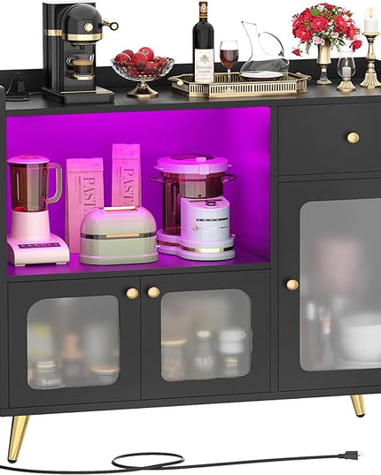 Cyclysio Sideboard Buffet Cabinet with Power Outlet, Kitchen Cabinet with LED Lights, Large Bar Cart Accent Buffet Cabinet with Door for Bedroom, Living Room, Kitchen, Hallway, Black - LeafyLoom