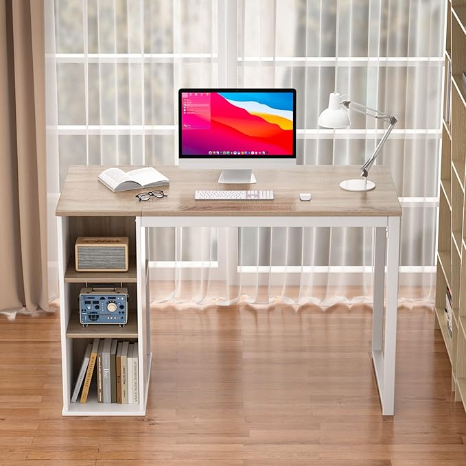 Coavas Computer Desk with Storage, Home Office Desk with Adjustable Shelves, Simple Style Writing Study Desk with Metal Frame, Modern Design PC Laptop Desk, 47 inch, Oak - LeafyLoom