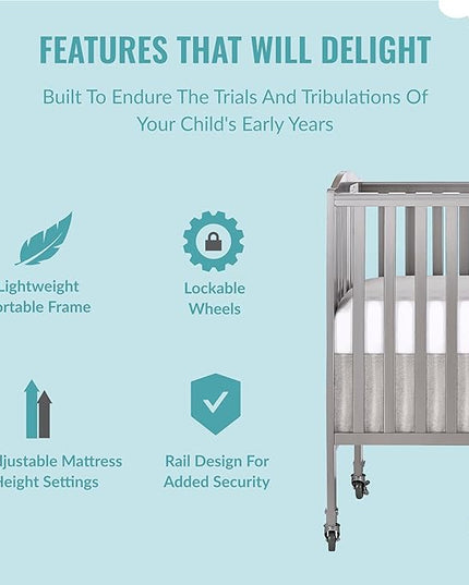 Folding Full Size Convenience Crib In Storm Grey, Two Adjustable Mattress Height Positions, Comes With Heavy Duty Locking Wheels, Flat Folding - LeafyLoom