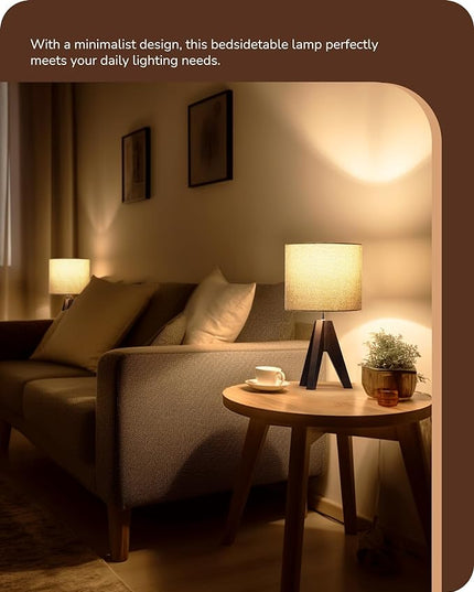 EDISHINE Boho Small Table Lamp, Walnut Color Wooden Tripod Bedside Lamp, Farmhouse Nightstand Lamp for Nursery, Bedroom, Office, Kid Room, Living Room, Grey Linen Lampshade, E26 Socket, 14.2 Inch - LeafyLoom