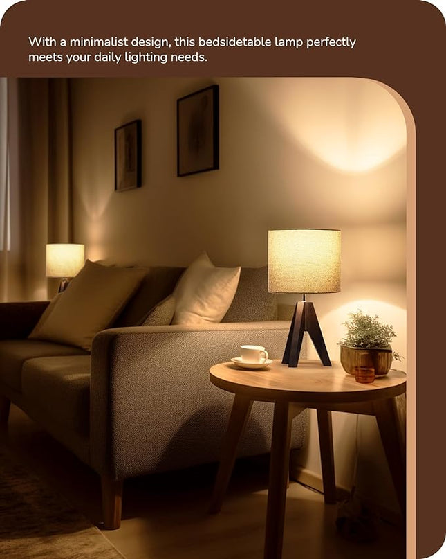 EDISHINE Boho Small Table Lamp, Walnut Color Wooden Tripod Bedside Lamp, Farmhouse Nightstand Lamp for Nursery, Bedroom, Office, Kid Room, Living Room, Grey Linen Lampshade, E26 Socket, 14.2 Inch - LeafyLoom